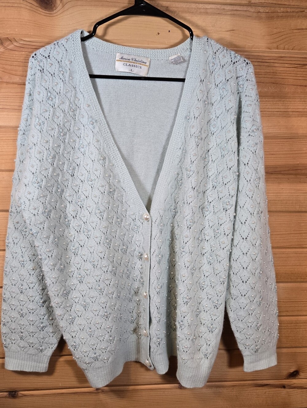 Vintage Lambswool Angora Cardigan Sweater Women's Large Pearls Grandma Cottage